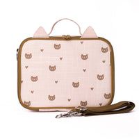 Pink and brown cat ears lunch box with cats and hearts print