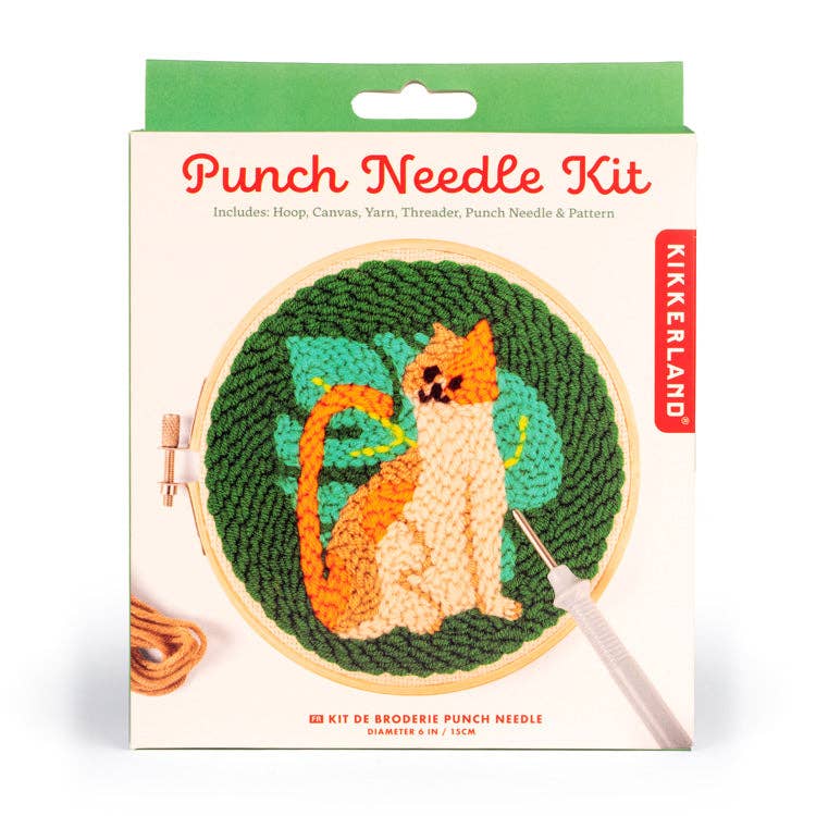 Punch needle kit packaging with a cat design on a white background
