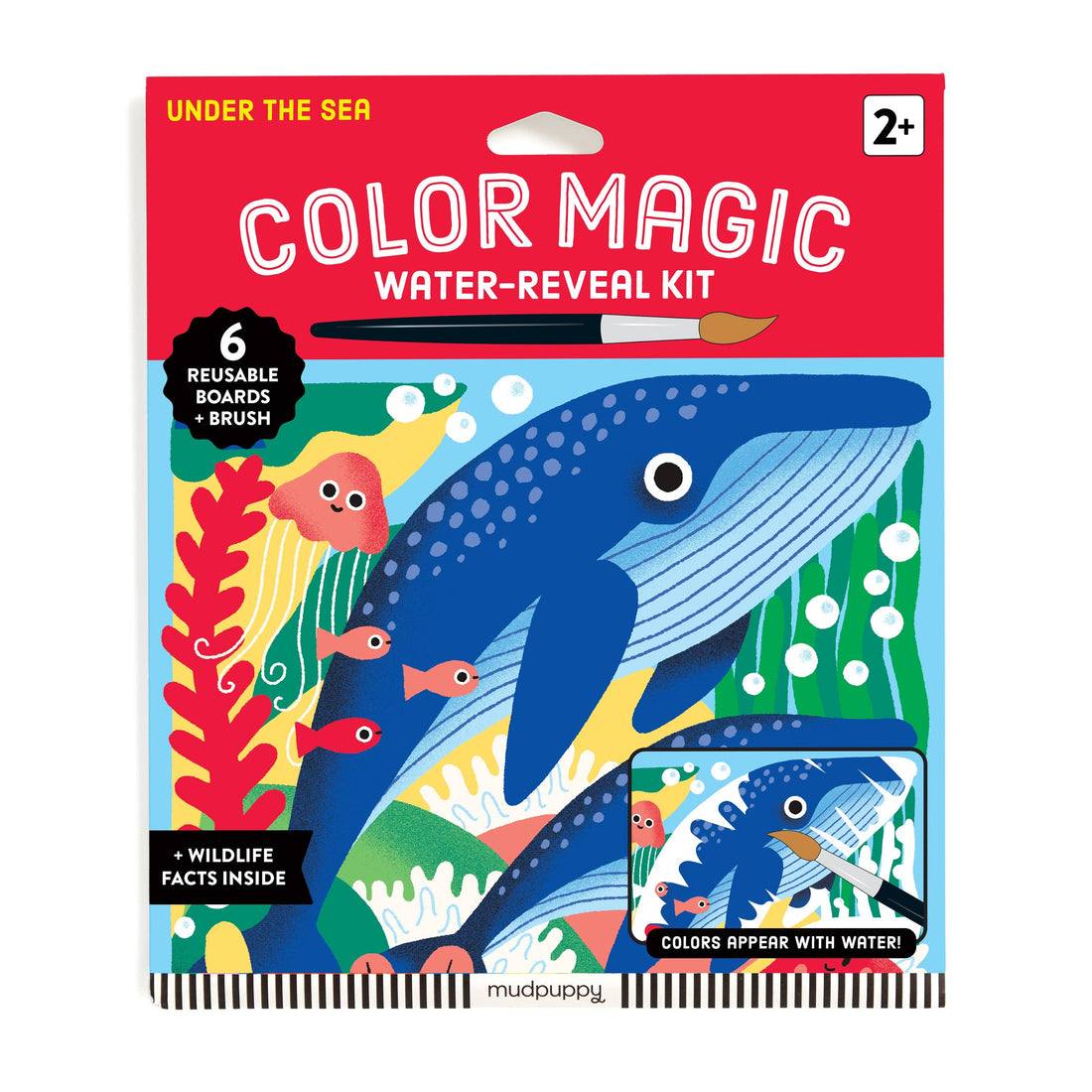 Color Magic water-reveal kit packaging with a whale illustration on a red background