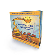 Boxed set of construction-themed board books with a smiling excavator on a white background