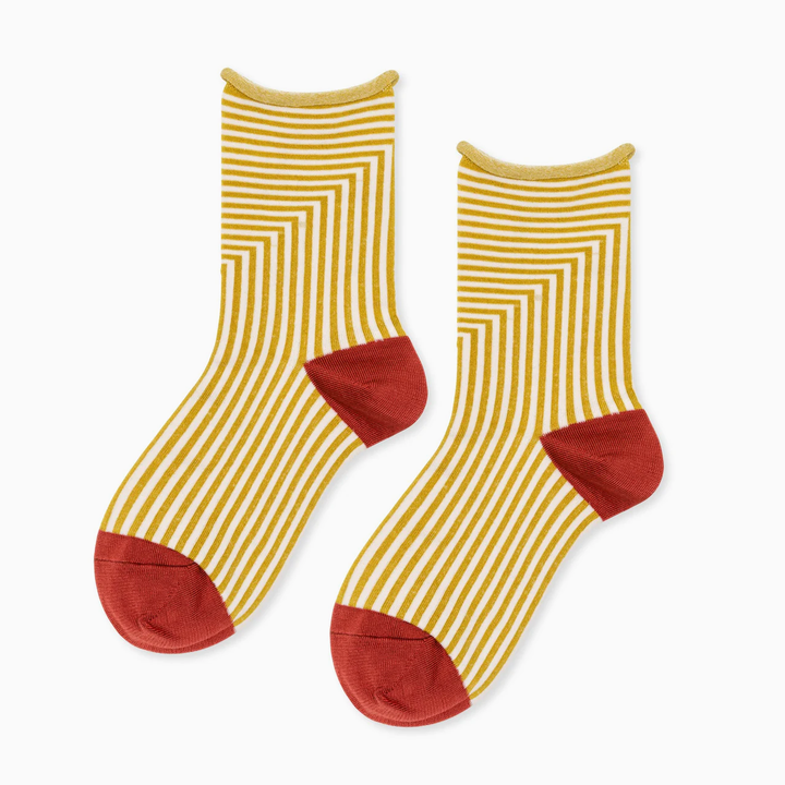 yellow and white striped crew socks with an orange heel and toe
