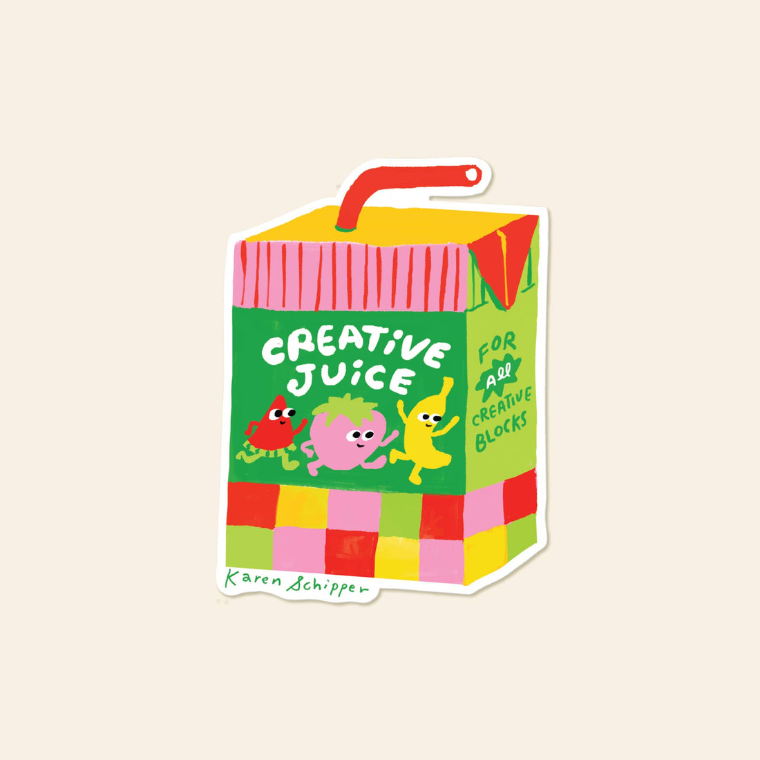 A die-cut sticker designed to look like a colorful juice box, featuring the text 'CREATIVE JUICE FOR ALL CREATIVE BLOCKS' 