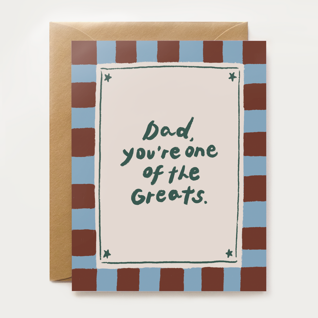 a bold checkered card with "dad you're one of the greats" text 