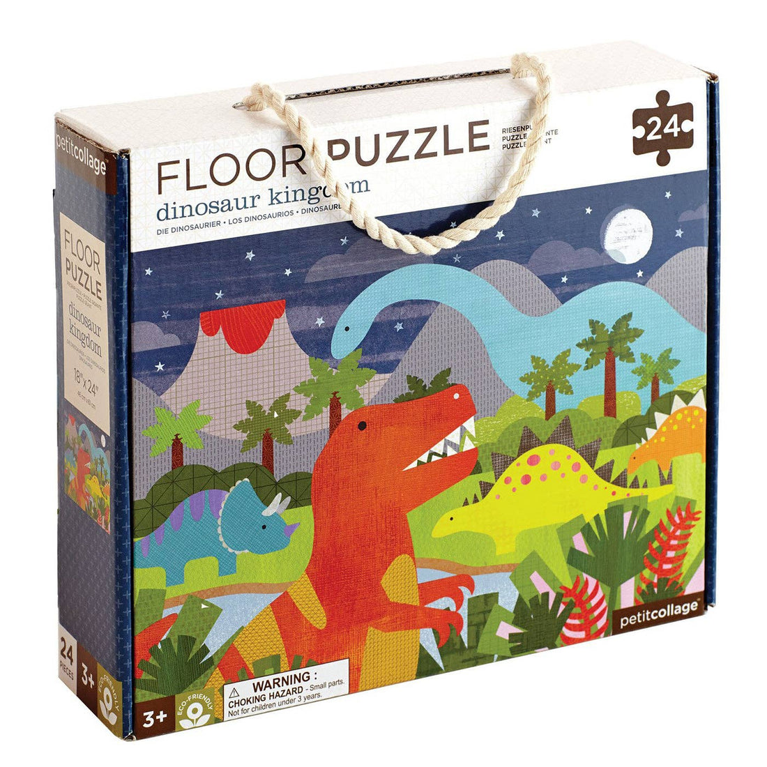 Floor puzzle packaging with colorful dinosaur illustrations on a white background