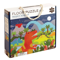 Floor puzzle packaging with colorful dinosaur illustrations on a white background
