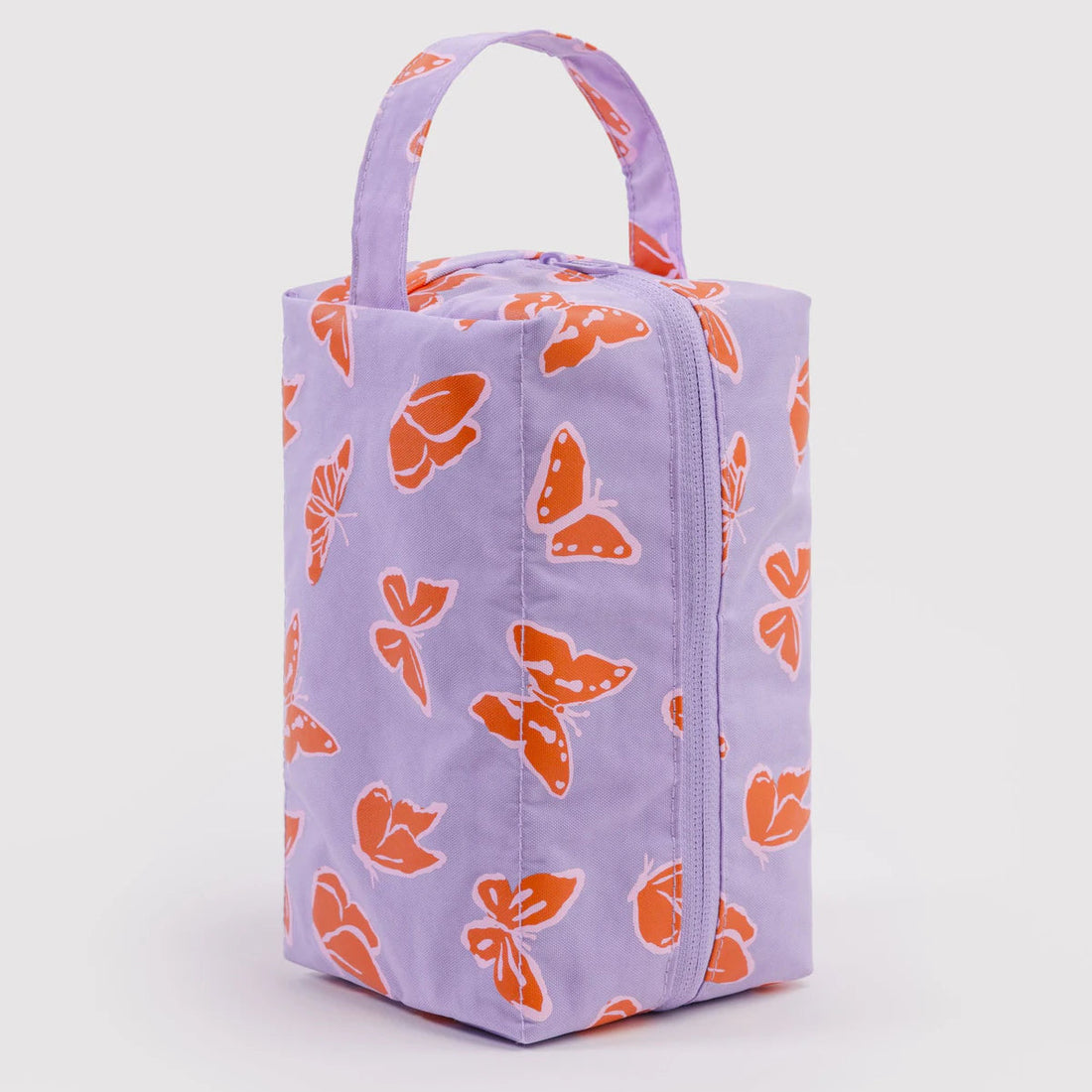 lilac cosmetic bag with orange butterflies