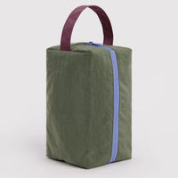 green, blue, yellow, and plum color block toiletry bag