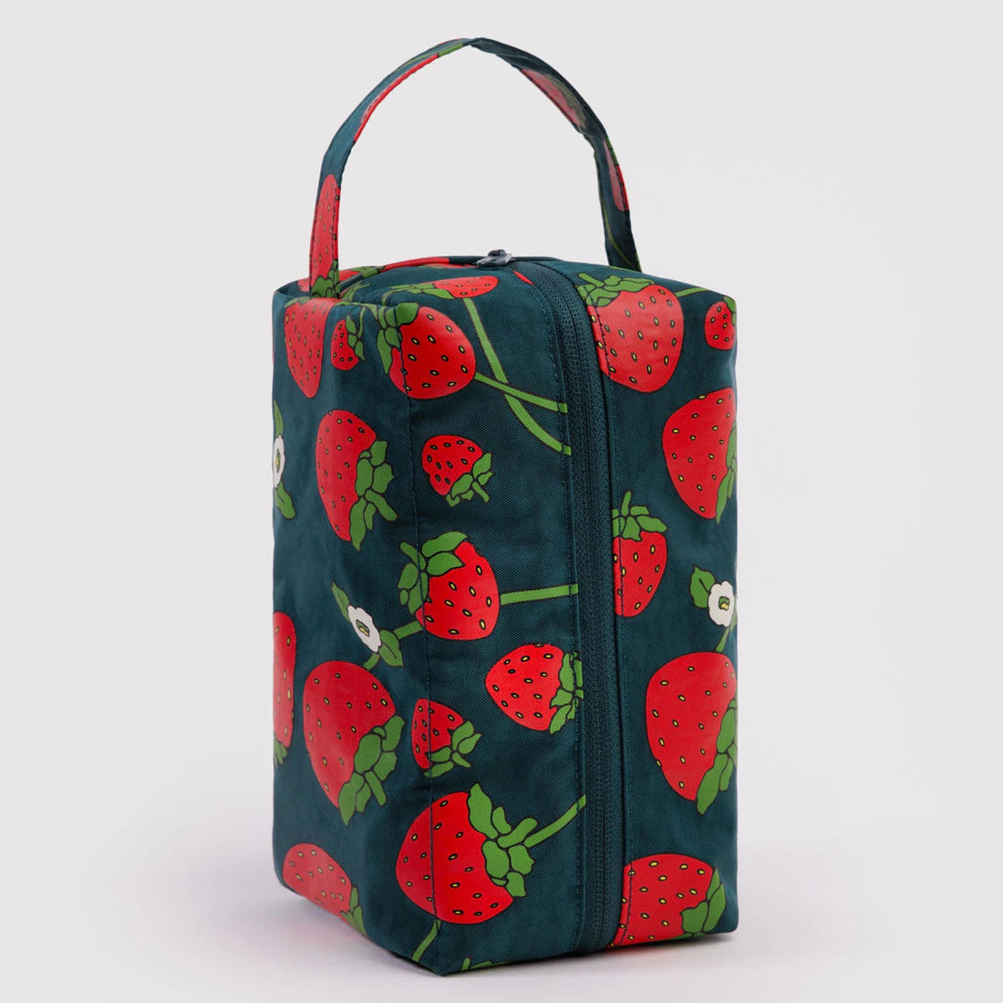dark teal cosmetic bag with a strawberry pattern