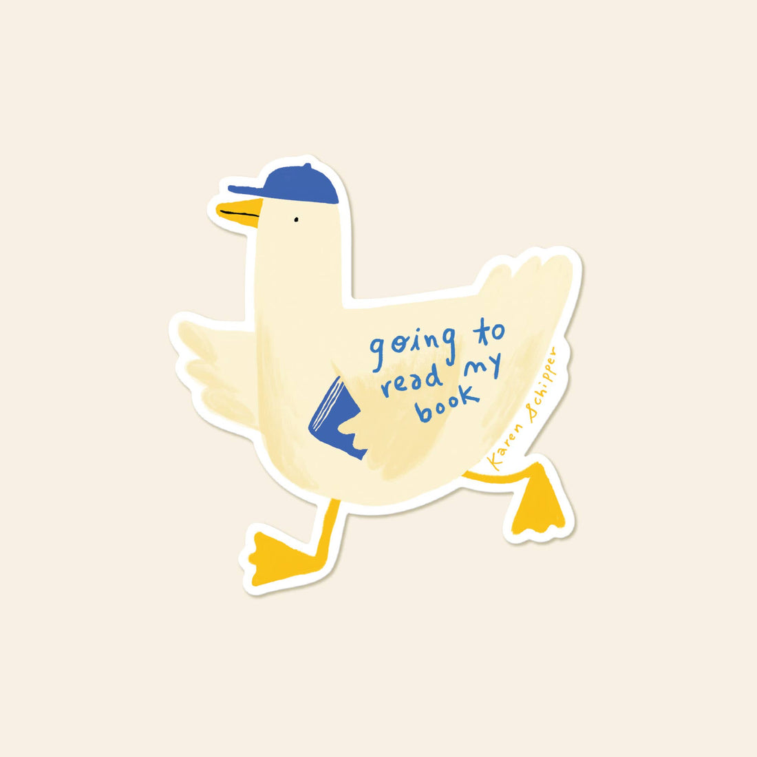 A die-cut sticker featuring a cartoon duck running with the phrase 'going to read my book' 