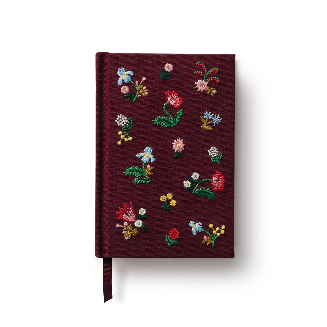 Maroon notebook with floral embroidery on a white background