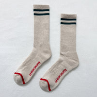 oatmeal socks with red and green stripes