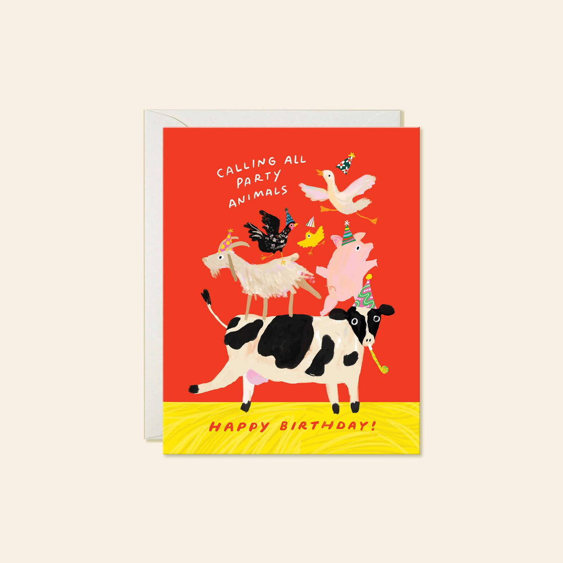 A birthday greeting card with a bright red front and a white envelope behind it, featuring illustrated party animals including a black-and-white cow, sheep, pig, bird, and chicken Text on the card reads 'CALLING ALL PARTY ANIMALS' and 'HAPPY BIRTHDAY!'.