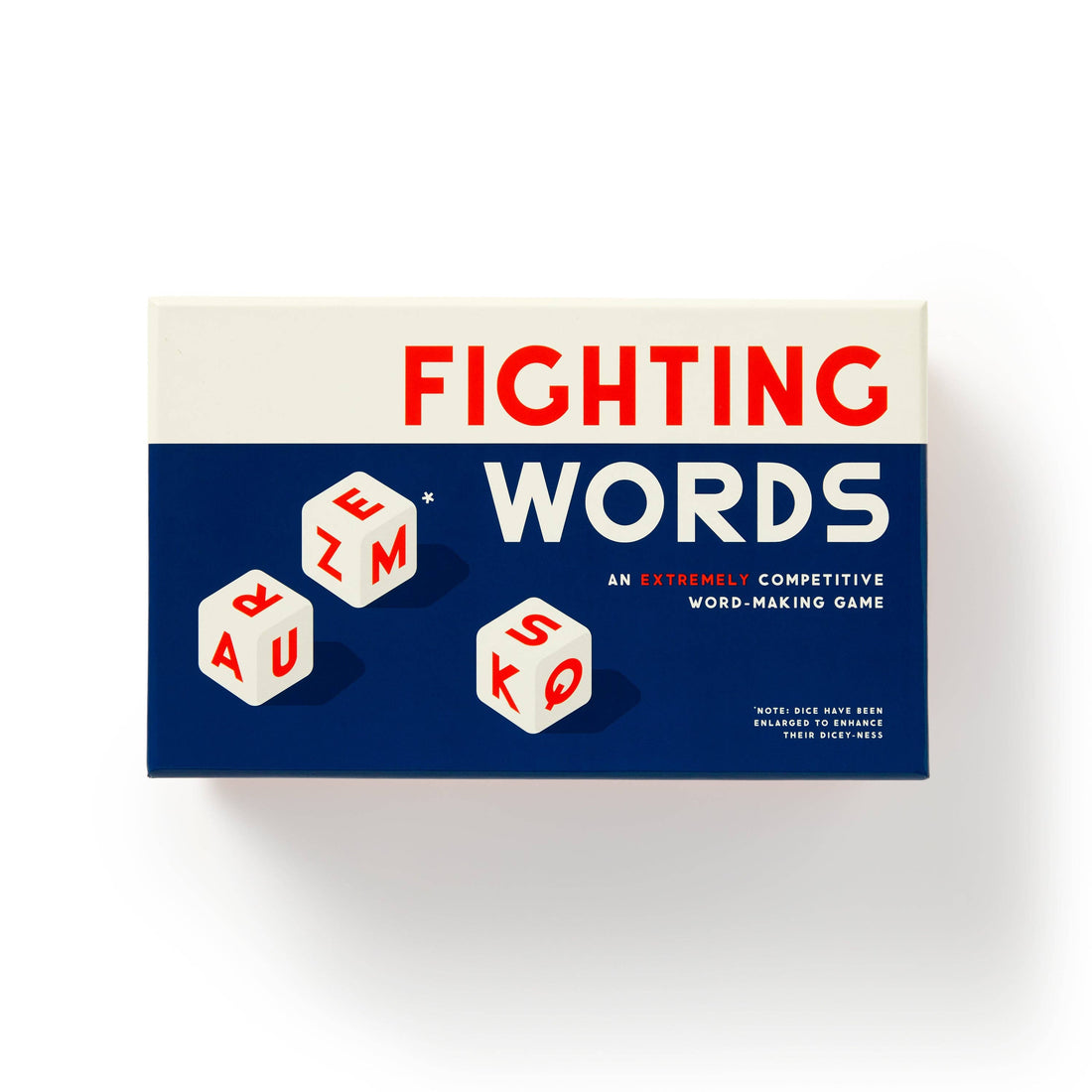 Board game box titled 'Fighting Words' with dice on a white background