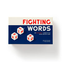 Board game box titled 'Fighting Words' with dice on a white background