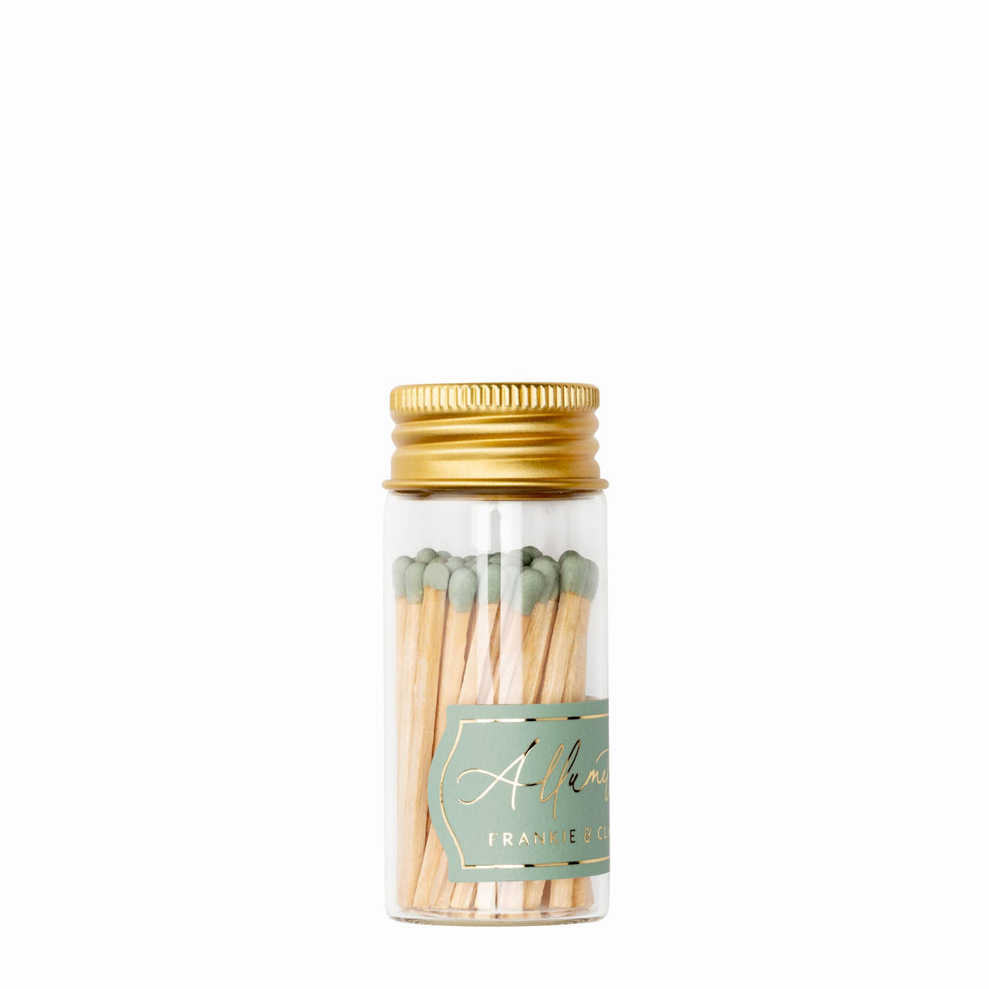 Mini glass match jar with sage green matches and gold lid