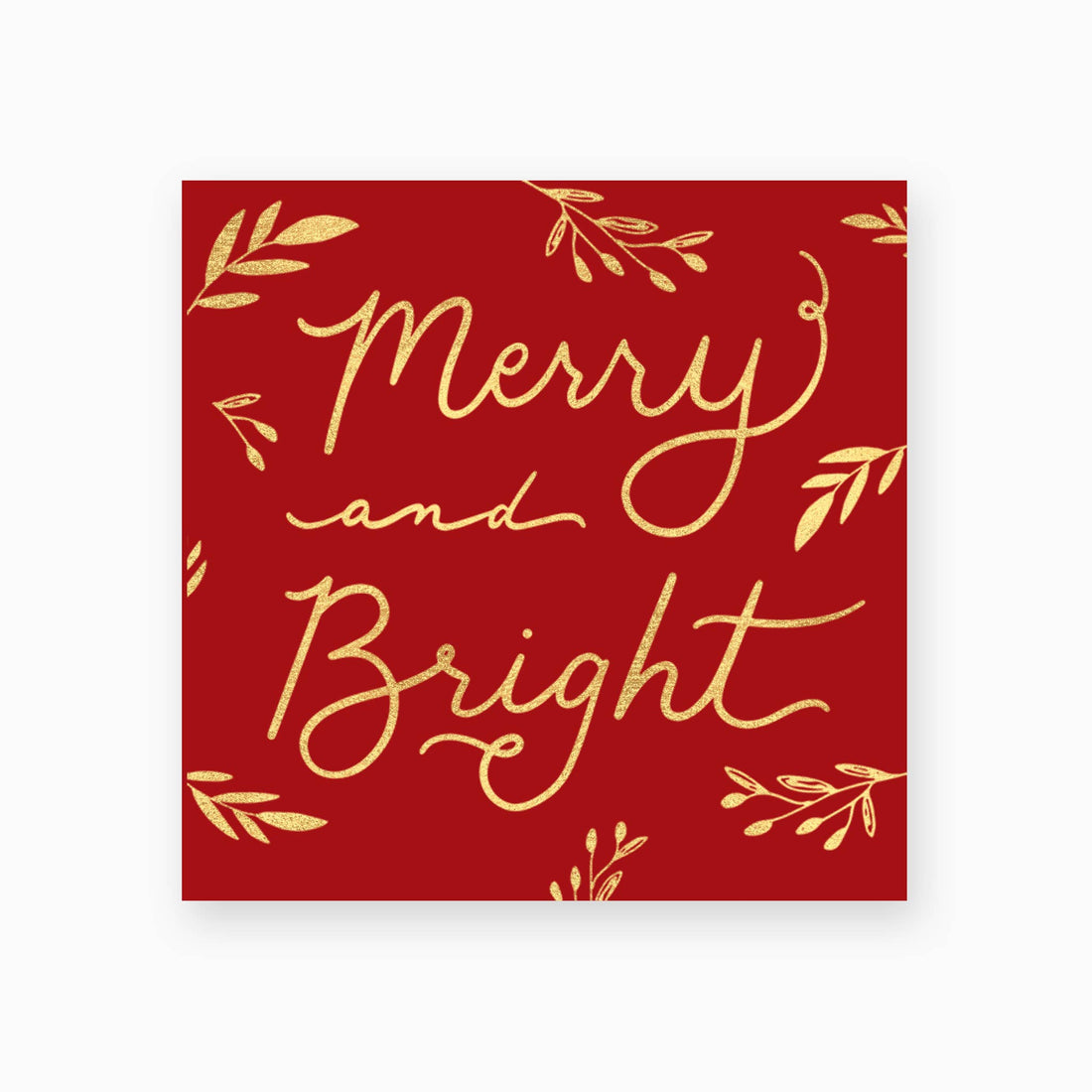 Red square matchbox with gold foiled holiday foliage with the words merry and bright