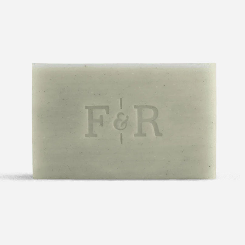 Bar of soap with 'F&R' branding ghost trees scent 