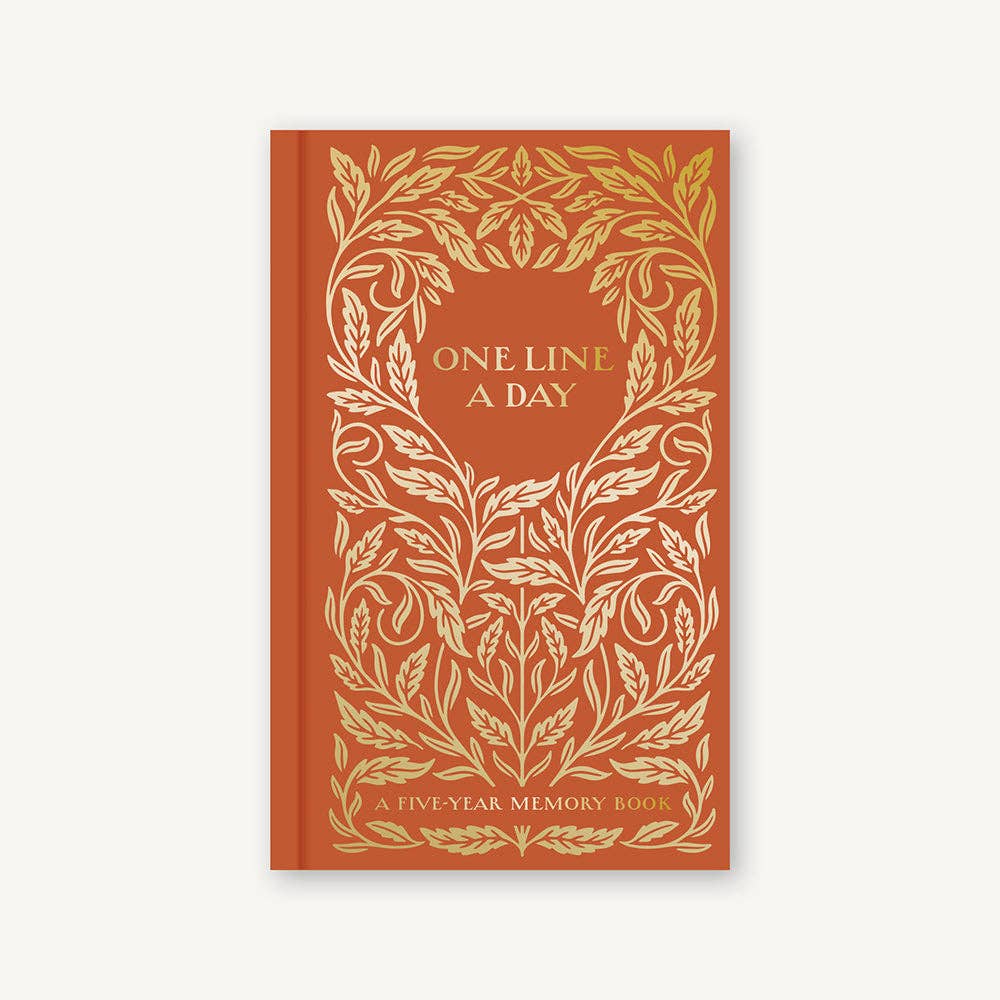 5 year one line a day keepsake journal with an orange cover and gold foiling 