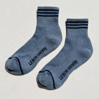 indigo colored socks with stripes 