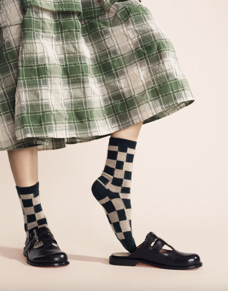 Dash Checkered Cashmere Crew Socks - Forest Green