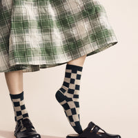 Dash Checkered Cashmere Crew Socks - Forest Green