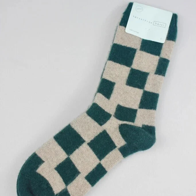 cashmere checkered socks with green and beige colors