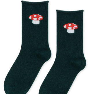 Red Cap Cashmere Crew Socks - Hunter Green with mushroom on top