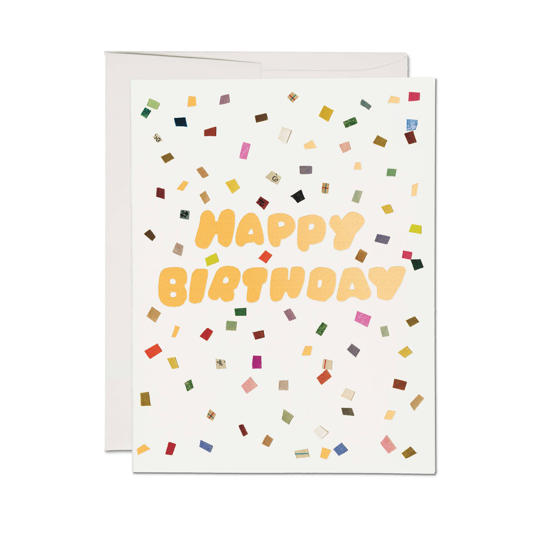 Birthday card with colorful confetti pattern and 'Happy Birthday' text on a white background