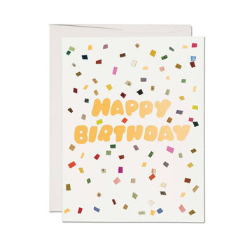 Birthday card with colorful confetti pattern and 'Happy Birthday' text on a white background