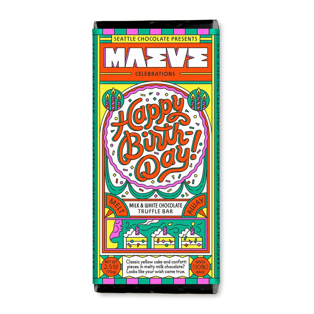 milk and white chocolate truffle bar with yellow confetti cake inside 