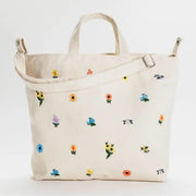 horizontal zip duck canvas bag with embroidered florals 