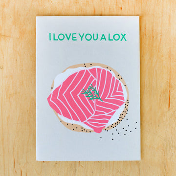 Card with a lox bagel illustration and 'I LOVE YOU A LOX' text 