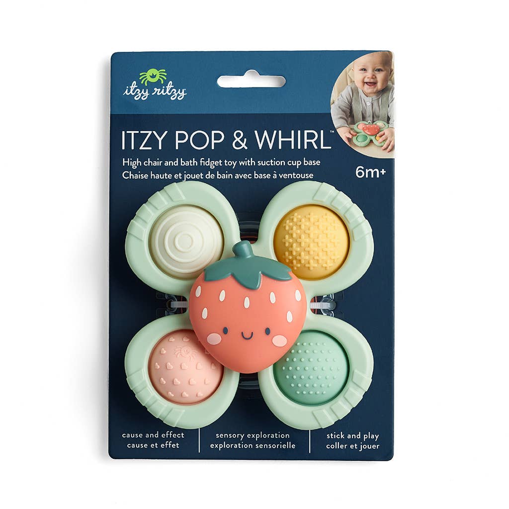 pop and whirl strawberry fidget toy with a suction for bath time high chairs and travel