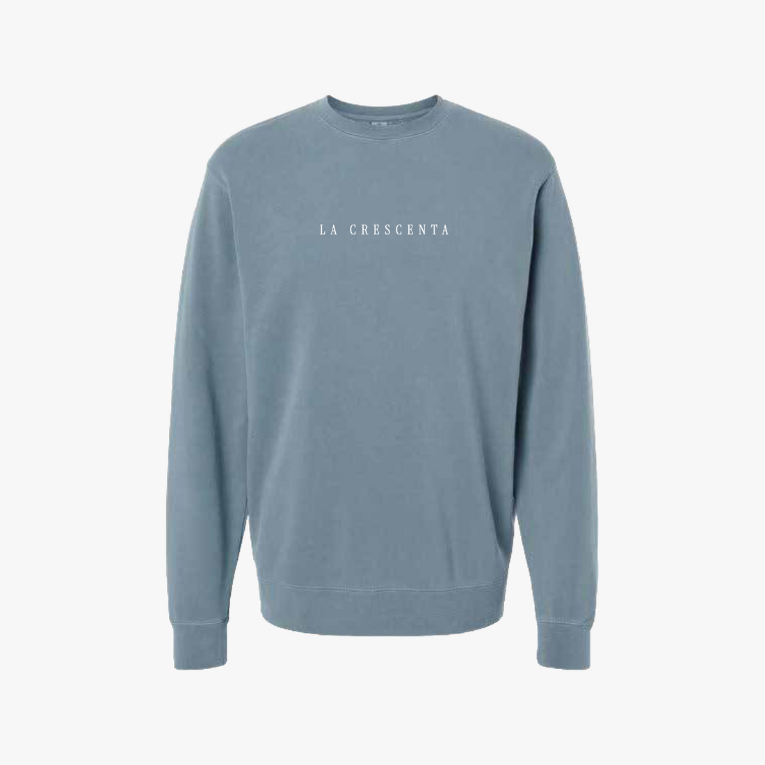 slate blue embroidered crewneck with la crescenta on it 