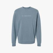 slate blue embroidered crewneck with la crescenta on it 