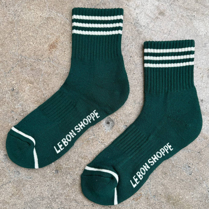 Le Bon Shoppe Girlfriend Socks in hunter green with white stripes