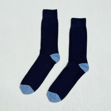navy cashmere socks with light blue toe and heel