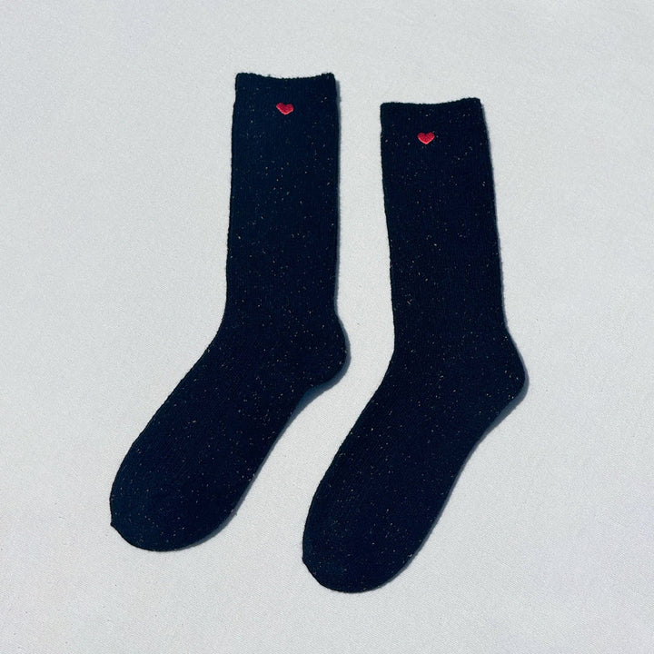 wool blended black socks with an embroidered red heart