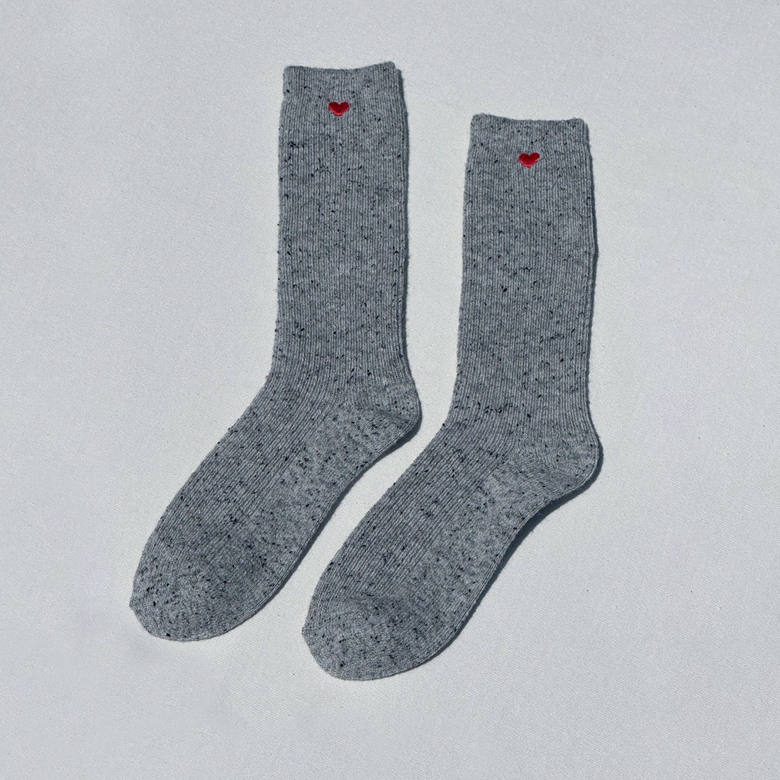 wool blend grey socks with a red embroidered heart