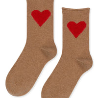 hansel from basel Love Cashmere Crew Socks - Camel color with red heart