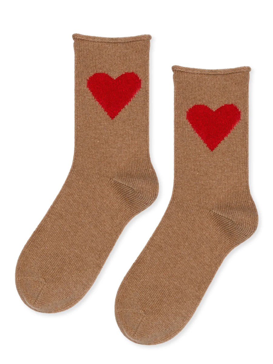 hansel from basel Love Cashmere Crew Socks - Camel color with red heart