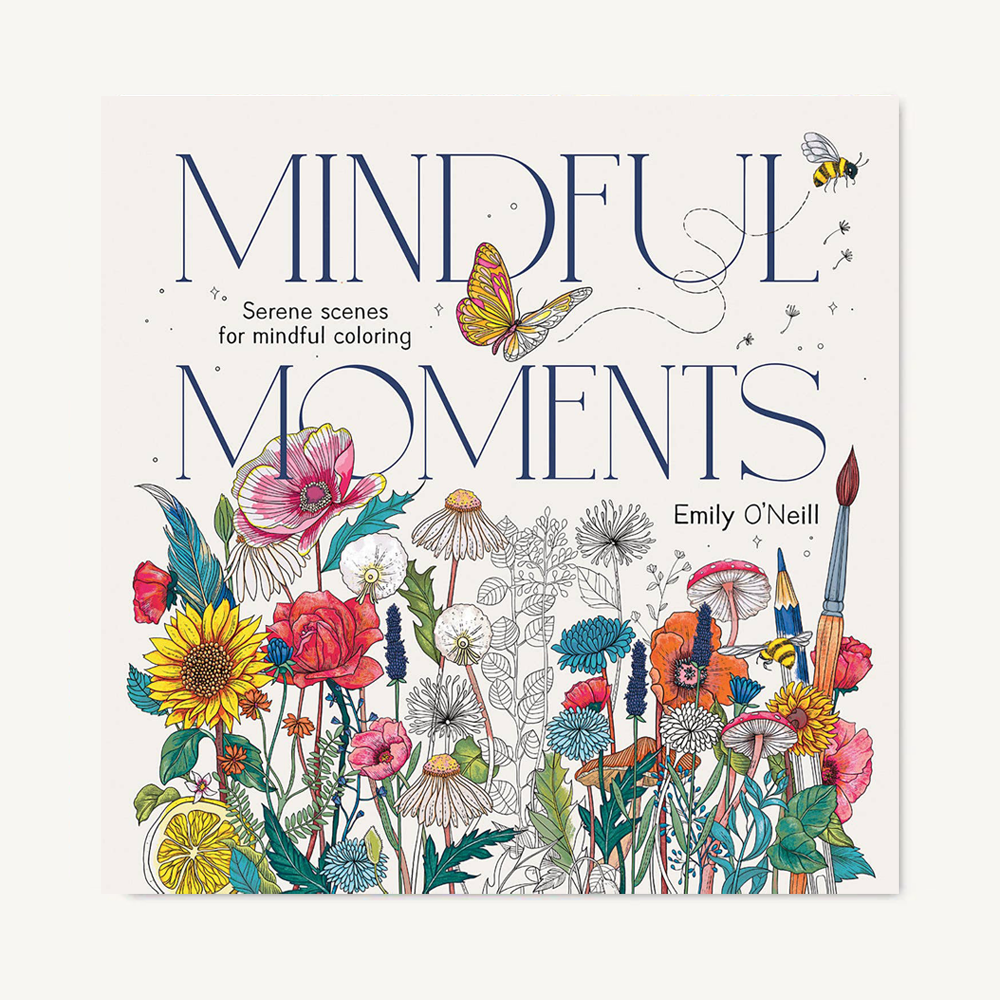 adult coloring book titled mindful moments emily o'neil