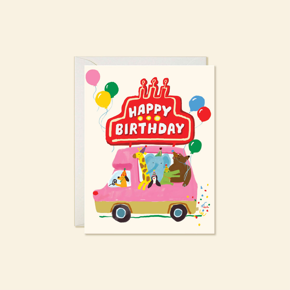 A birthday greeting card , featuring a colorful illustration of a pink van carrying cartoon animals under a red sign that says 'HAPPY BIRTHDAY' with balloons around it.