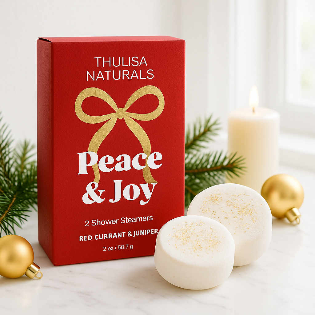 pack of 2 shower steamers red currant and juniper scented in a red box that says peace and joy