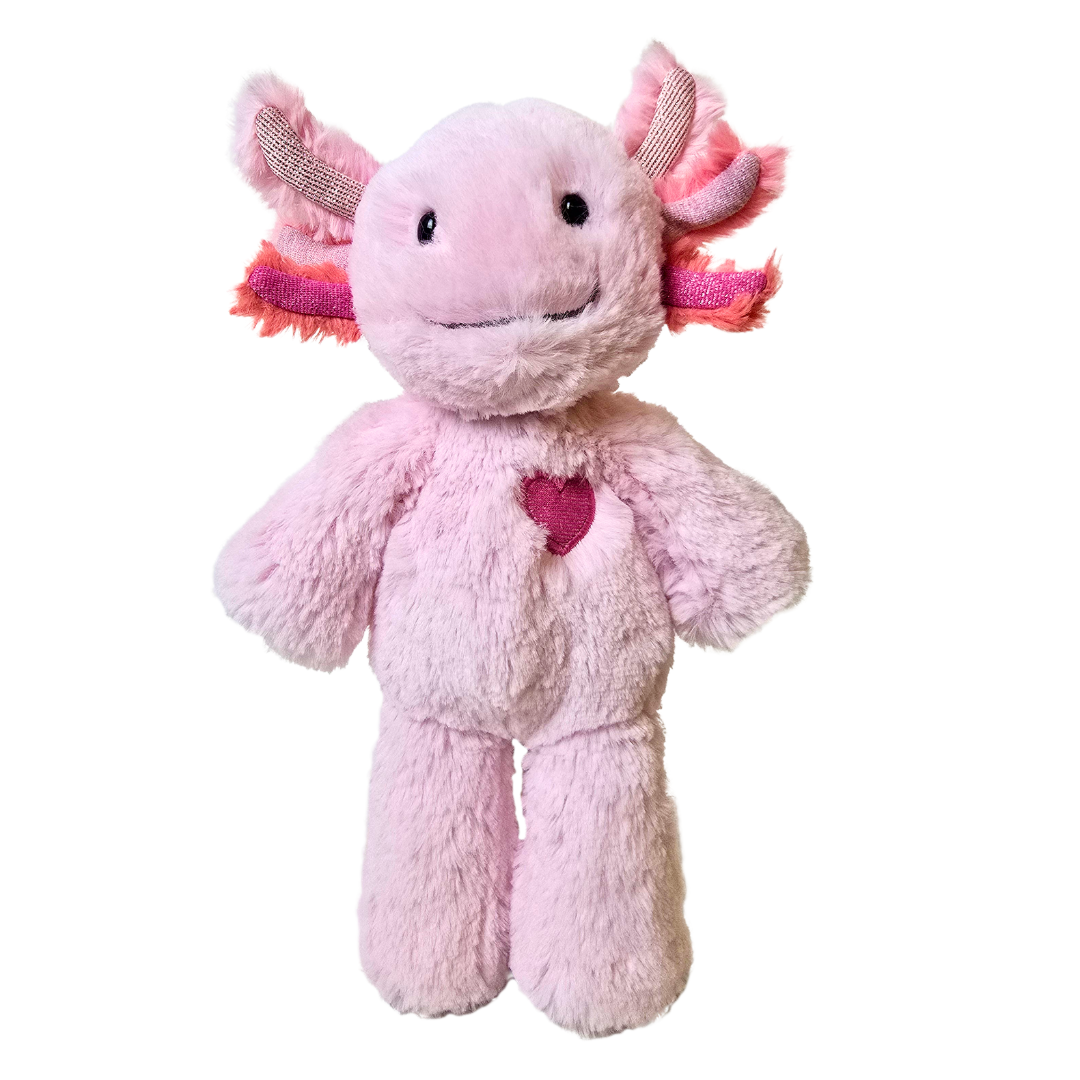 Pink plush axolotl toy with a heart on a white background