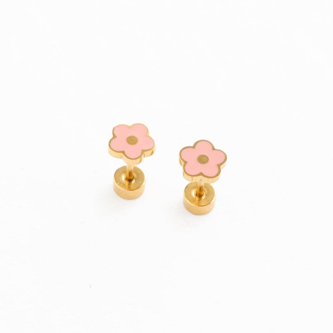 children's earrings in the shape of petite pink flowers