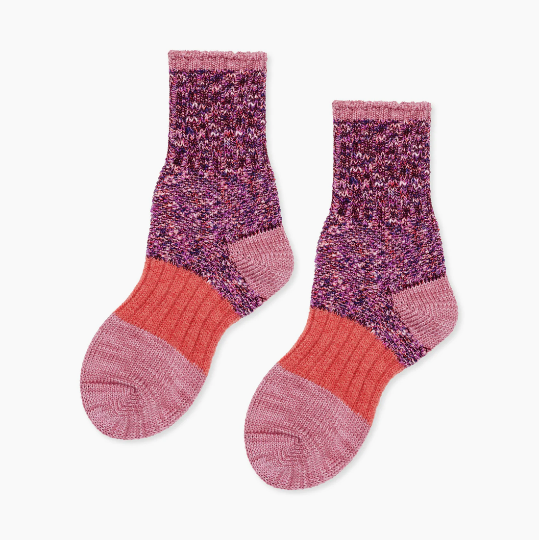 Pair of pink and purple color block crew socks 