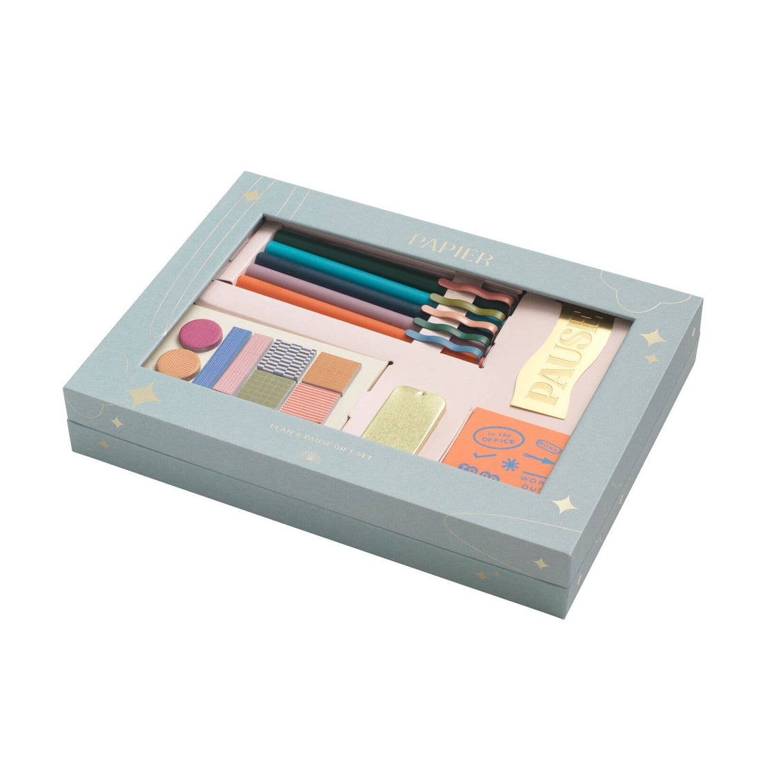stationary gift set set with stamps, pens, and a gold metal bookmark