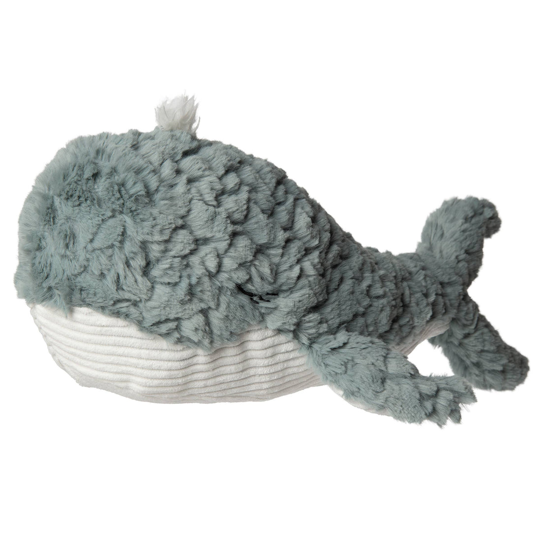 Plush whale toy with a textured gray body and white belly on a white background