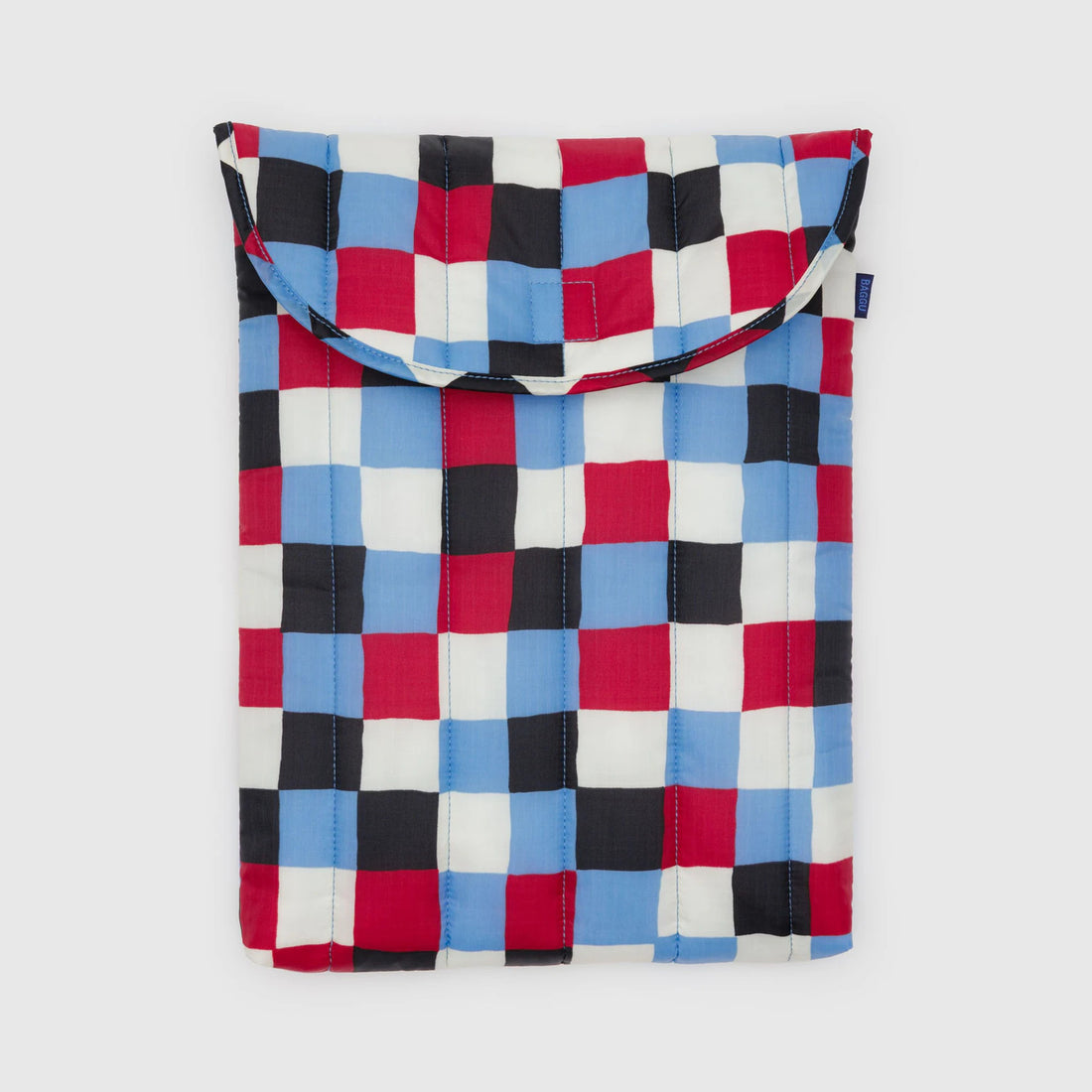 puffy 16" laptop sleeve red, blue, white, and black checkered pattern